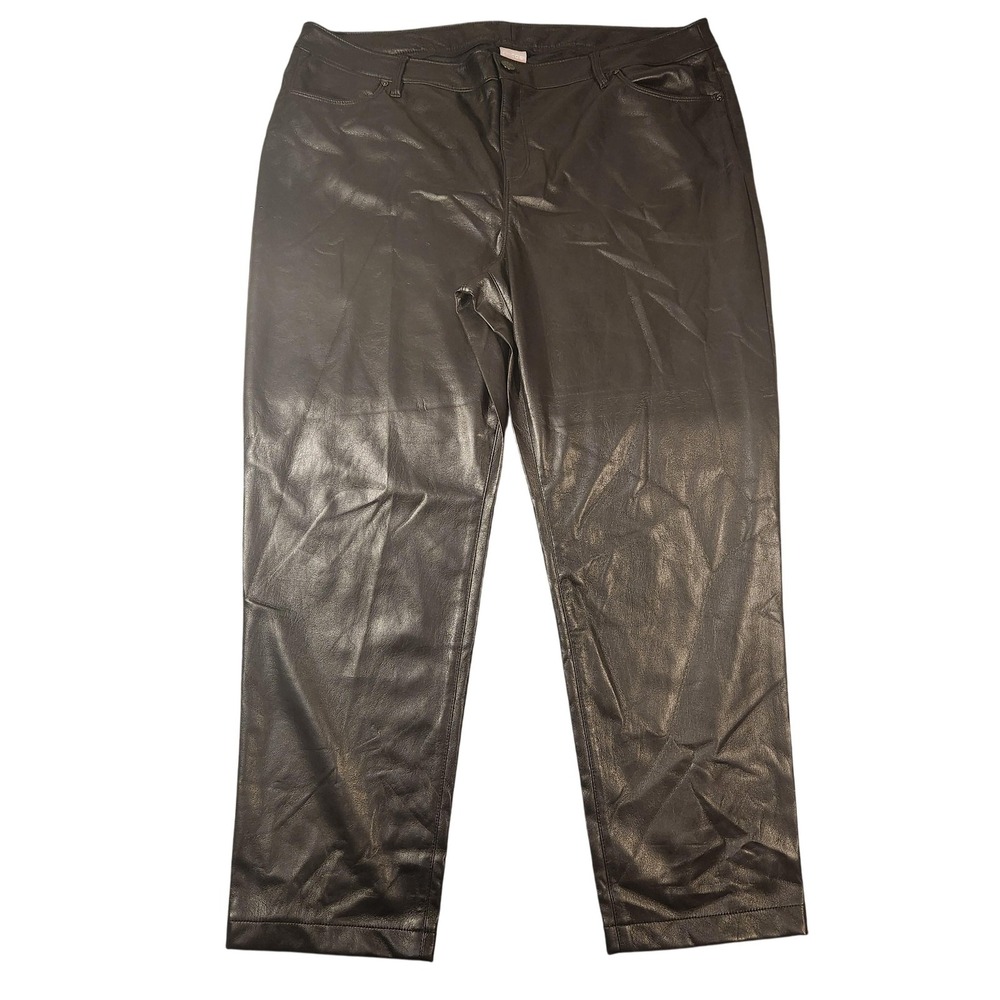 Chicos Pants Womens 18P Black Faux Leather Coated Pull On Straight Leg Petite
